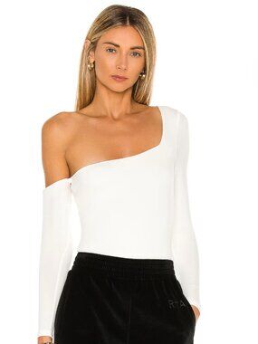 superdown Haley One Shoulder Bodysuit White Asymmetrical Long Sleeve Medium NWOT